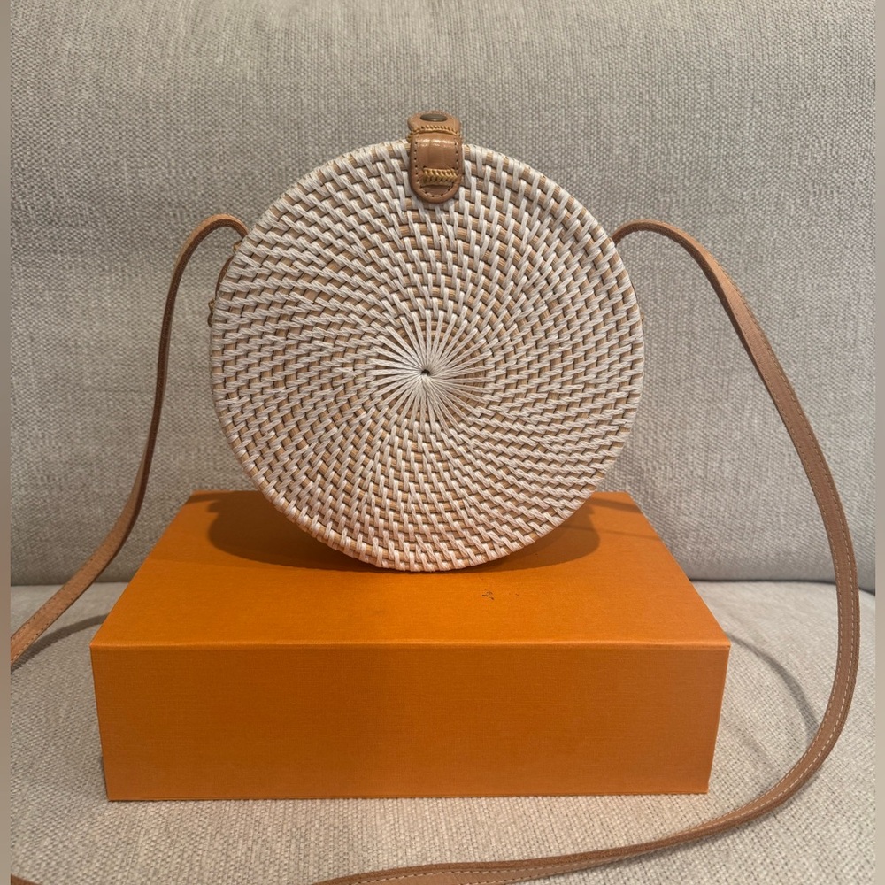 Pink Haley Tan and Cream Round Rattan Bag